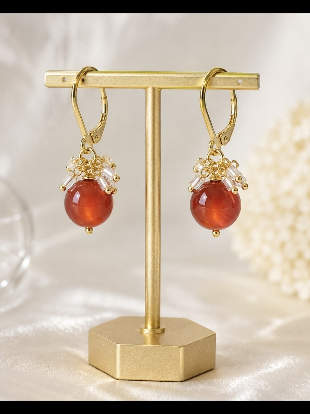Gold Leverback Earrings with Red Carnelian Beads - Picture 1 of 5